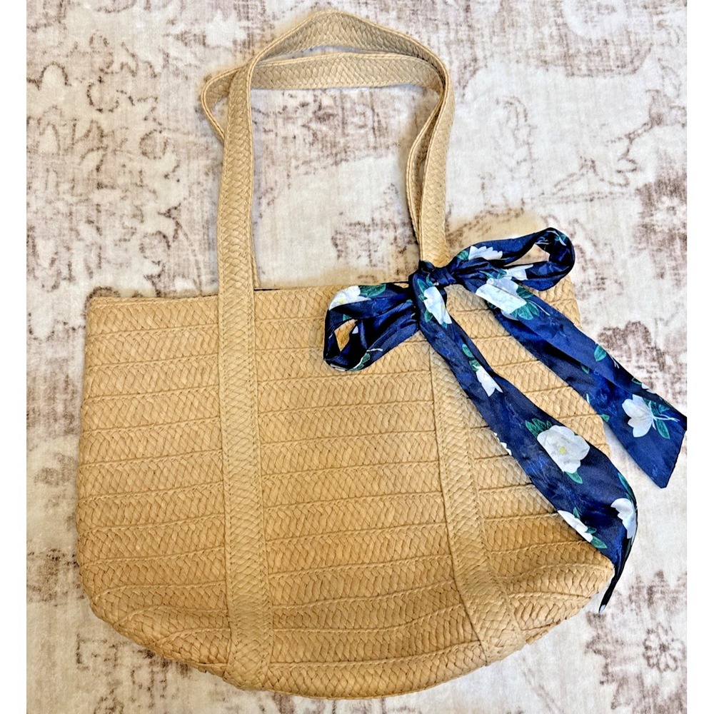 Draper James Everyday Straw Shoulder Tote Bag With Blue Floral Scarf